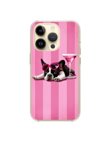 Coque iPhone 14 Pro Chien Dog Cocktail Lunettes Coeur Rose - Maryline Cazenave