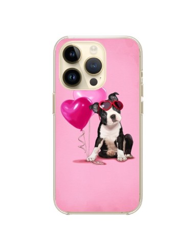 Coque iPhone 14 Pro Chien Dog Ballon Lunettes Coeur Rose - Maryline Cazenave