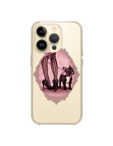 Coque iPhone 14 Pro Lady Jambes Chien Bulldog Dog Rose Pois Noir Transparente - Maryline Cazenave