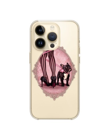 Cover iPhone 14 Pro Lady Jambes Cane Bulldog Dog Rosa Pois Nero Trasparente - Maryline Cazenave