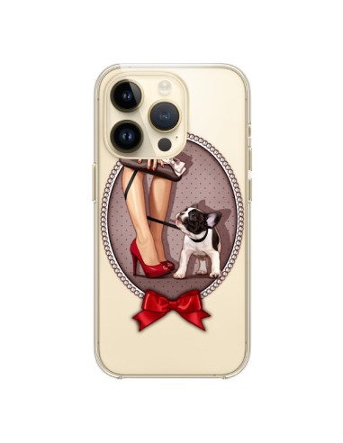 Coque iPhone 14 Pro Lady Jambes Chien Bulldog Dog Pois Noeud Papillon Transparente - Maryline Cazenave
