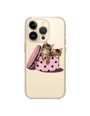 Coque iPhone 14 Pro Chaton Chat Kitten Boite Pois Transparente - Maryline Cazenave