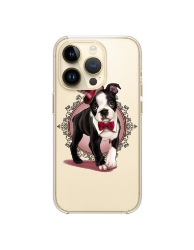 Cover iPhone 14 Pro Cane Bulldog Dog Gentleman Papillon Cappello Trasparente - Maryline Cazenave