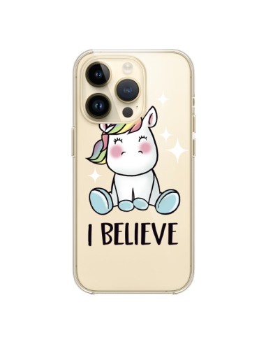 Coque iPhone 14 Pro Licorne I Believe Transparente - Maryline Cazenave