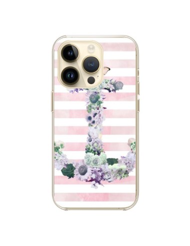 Coque iPhone 14 Pro Ancre Rose Fleurs Navire - Monica Martinez