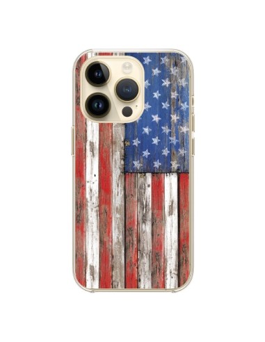 Coque iPhone 14 Pro Drapeau USA Vintage Bois Wood - Maximilian San