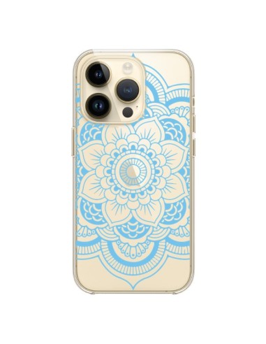 Coque iPhone 14 Pro Mandala Bleu Azteque Transparente - Nico