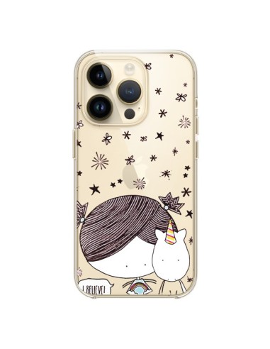 Coque iPhone 14 Pro Petite Fille et Licorne I Believe Transparente - Nico