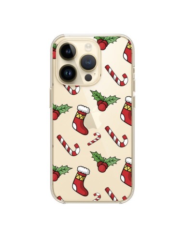 Coque iPhone 14 Pro Chaussette Sucre d'Orge Houx de Noël transparente - Nico