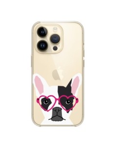Coque iPhone 14 Pro Bulldog Français Lunettes Coeurs...