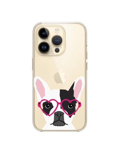 Coque iPhone 14 Pro Bulldog Français Lunettes Coeurs Chien Transparente - Pet Friendly