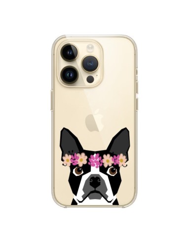Coque iPhone 14 Pro Boston Terrier Fleurs Chien Transparente - Pet Friendly
