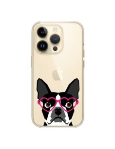 Coque iPhone 14 Pro Boston Terrier Lunettes Coeurs Chien...