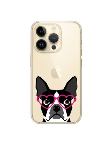Coque iPhone 14 Pro Boston Terrier Lunettes Coeurs Chien Transparente - Pet Friendly