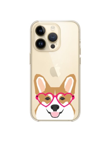 Coque iPhone 14 Pro Chien Marrant Lunettes Coeurs Transparente - Pet Friendly