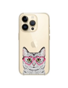 Coque iPhone 14 Pro Chat Gris Lunettes Coeurs...