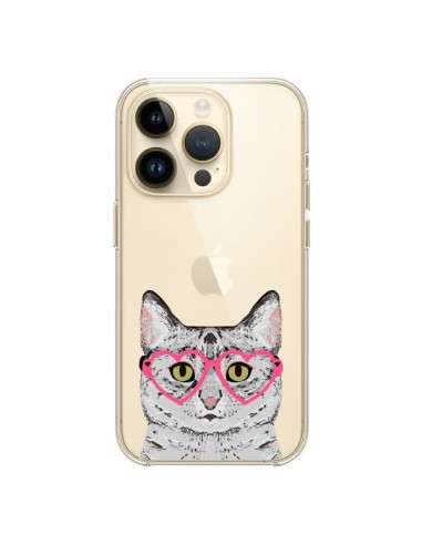 Coque iPhone 14 Pro Chat Gris Lunettes Coeurs Transparente - Pet Friendly