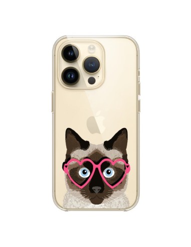 Coque iPhone 14 Pro Chat Marron Lunettes Coeurs Transparente - Pet Friendly