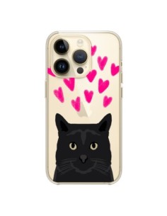 Cover iPhone 14 Pro Gatto Nero Cuori Trasparente - Pet...