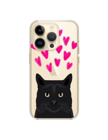 Coque iPhone 14 Pro Chat Noir Coeurs Transparente - Pet Friendly