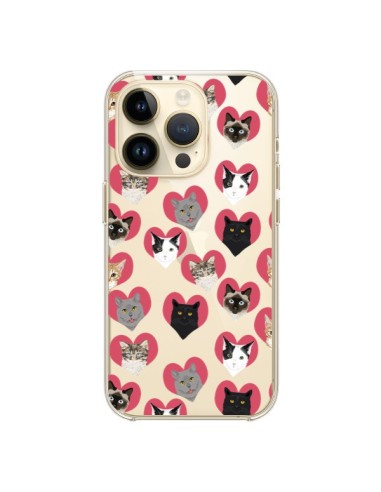 Coque iPhone 14 Pro Chats Coeurs Transparente - Pet Friendly