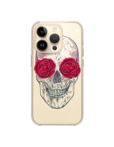 Coque iPhone 14 Pro Tête de Mort Rose Fleurs Transparente - Rachel Caldwell
