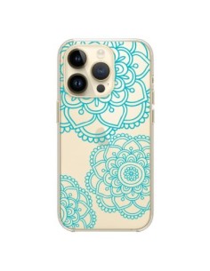 Cover iPhone 14 Pro Mandala Verde acqua Doodle fiori...