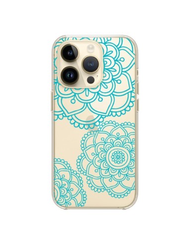 Coque iPhone 14 Pro Mandala Bleu Aqua Doodle Flower Transparente - Sylvia Cook