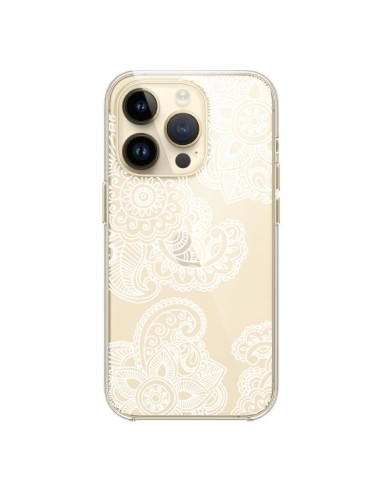 Coque iPhone 14 Pro Lacey Paisley Mandala Blanc Fleur Transparente - Sylvia Cook