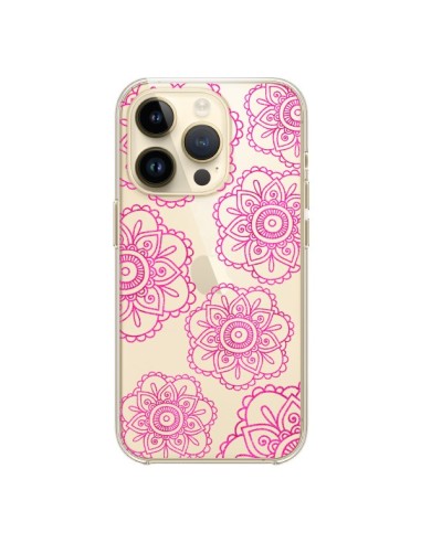 Coque iPhone 14 Pro Pink Doodle Flower Mandala Rose Fleur Transparente - Sylvia Cook