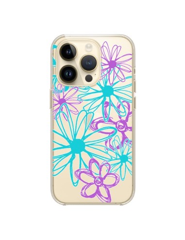 Coque iPhone 14 Pro Turquoise and Purple Flowers Fleurs Violettes Transparente - Sylvia Cook