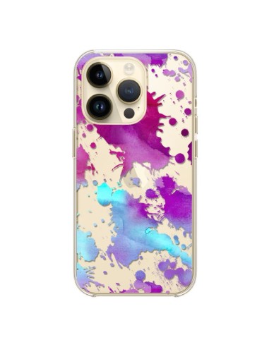 Coque iPhone 14 Pro Watercolor Splash Taches Bleu Violet Transparente - Sylvia Cook