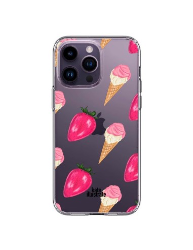 Coque iPhone 14 Pro Max Strawberry Ice Cream Fraise Glace Transparente - kateillustrate