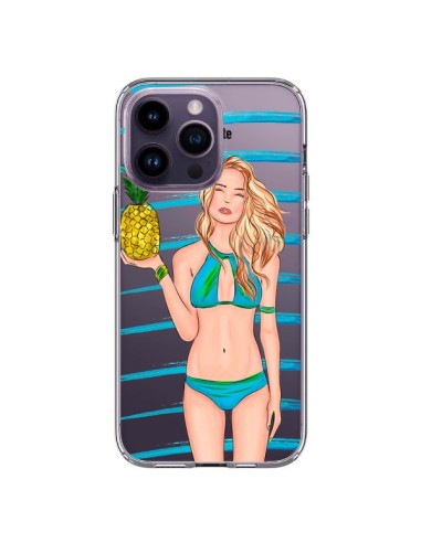 Cover iPhone 14 Pro Max Malibu Ananas Plage Ete Blu Trasparente - kateillustrate