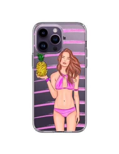 Coque iPhone 14 Pro Max Malibu Ananas Plage Ete Rose Transparente - kateillustrate