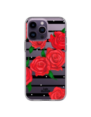 Coque iPhone 14 Pro Max Red Roses Rouge Fleurs Flowers Transparente - kateillustrate