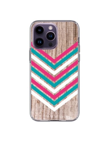 Coque iPhone 14 Pro Max Tribal Aztèque Bois Wood Flèche Rose Bleu - Laetitia