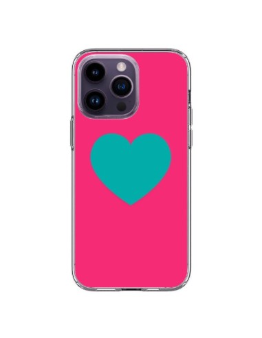 Coque iPhone 14 Pro Max Coeur Bleu Fond Rose - Laetitia