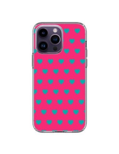 Coque iPhone 14 Pro Max Coeurs Bleus Fond Rose - Laetitia