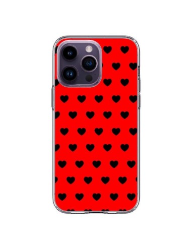 Coque iPhone 14 Pro Max Coeurs Noirs Fond Rouge - Laetitia