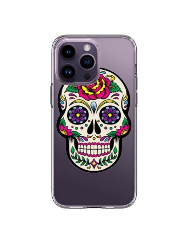 Coque iPhone 14 Pro Max Tête de Mort Mexicaine Fleurs Transparente - Laetitia
