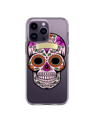 Coque iPhone 14 Pro Max Tête de Mort Mexicaine Noir Rose Transparente - Laetitia