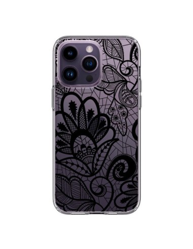 Coque iPhone 14 Pro Max Lace Fleur Flower Noir Transparente - Petit Griffin