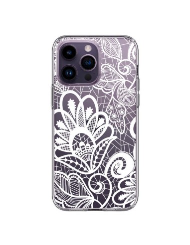 Cover iPhone 14 Pro Max Pizzo Fiori Flower Bianco Trasparente - Petit Griffin