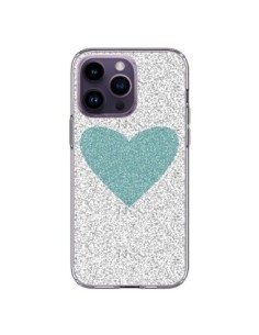 Coque iPhone 14 Pro Max Coeur Bleu Vert Argent Love -...
