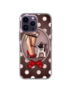 Coque iPhone 14 Pro Max Lady Jambes Chien Dog Pois Noeud...