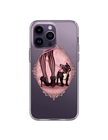 Coque iPhone 14 Pro Max Lady Jambes Chien Bulldog Dog Rose Pois Noir Transparente - Maryline Cazenave