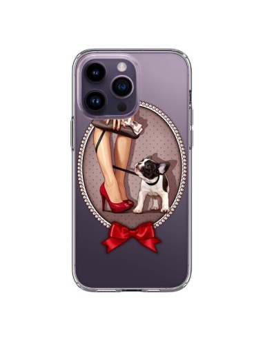 Coque iPhone 14 Pro Max Lady Jambes Chien Bulldog Dog Pois Noeud Papillon Transparente - Maryline Cazenave