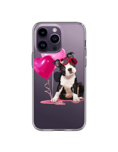 Cover iPhone 14 Pro Max Cane Dog Palloncini Occhiali Cuore Rosa Trasparente - Maryline Cazenave