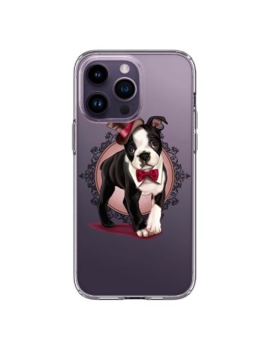 Cover iPhone 14 Pro Max Cane Bulldog Dog Gentleman Papillon Cappello Trasparente - Maryline Cazenave
